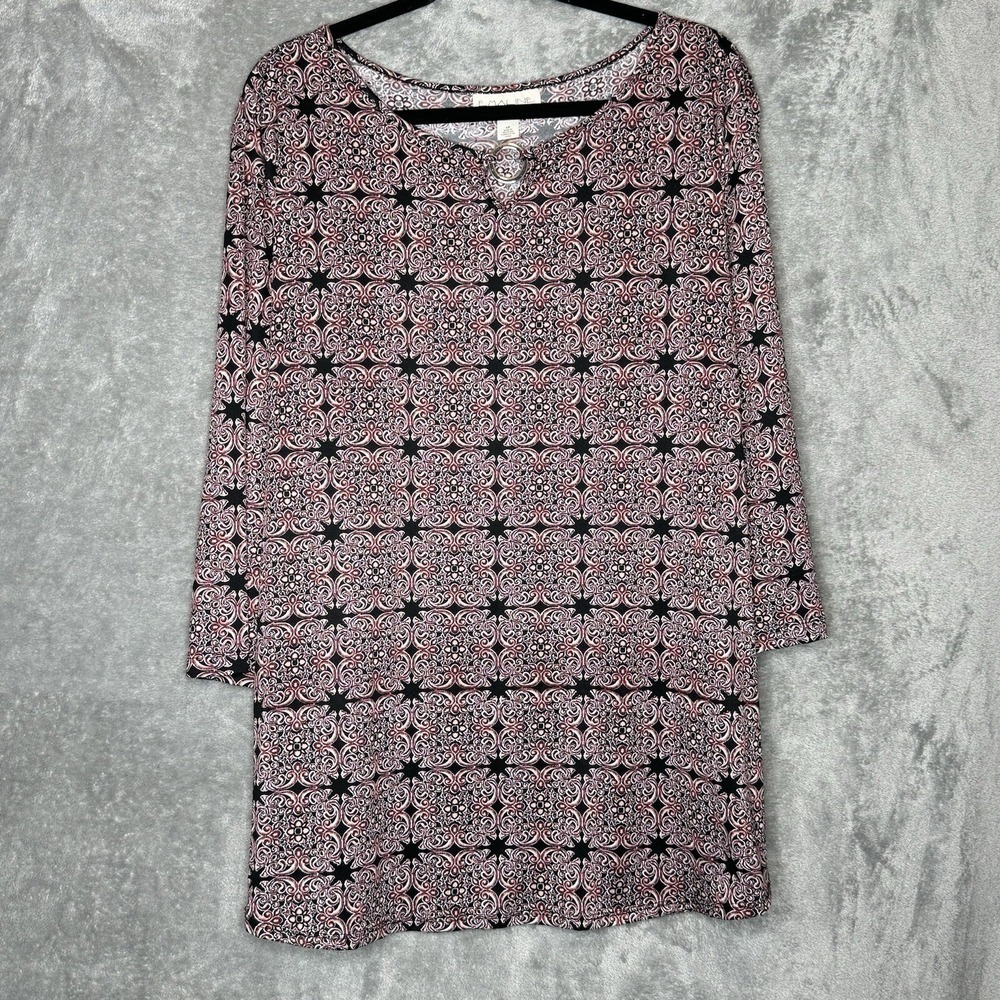 Emaline 2X Top Shirt Pink Black Paisley 3/4 Sleeve Keyhole Round Neck Stretch
